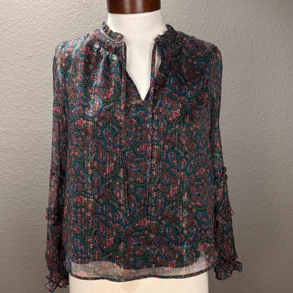 Loft Petite NWT  Multi color Paisley Shimmer Smock Ruffle tie Blouse Sz XSP